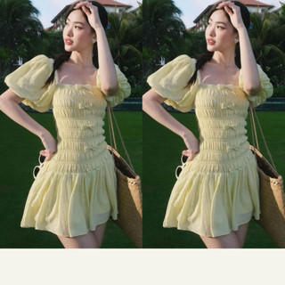 Đầm Nhún Đính Thân Nơ Tay Phồng HIBEESTORE Váy Đi Biển Chất Tơ Cho Nàng Tiểu Thư Siêu Xinh NT66