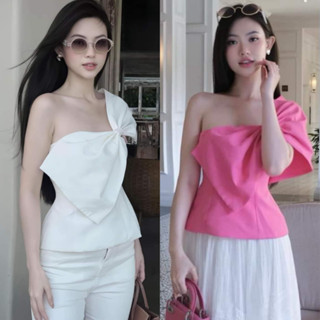 Áo Lệch Vai Nơ Bản To HIBEESTORE, Áo Thiết Kế Hoạ Tiết Nổi Bật, Sang Trọng, Nhiều Màu Siêu Xinh NT36 NT66