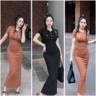 Đầm body dáng dài cổ tròn dáng dài, váy ôm tay ngắn đính nut GL8502