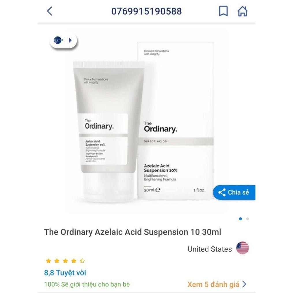 Kem dưỡng sáng da, mờ thâm The Ordinary Azelaic Acid Suspension 10% 30ml