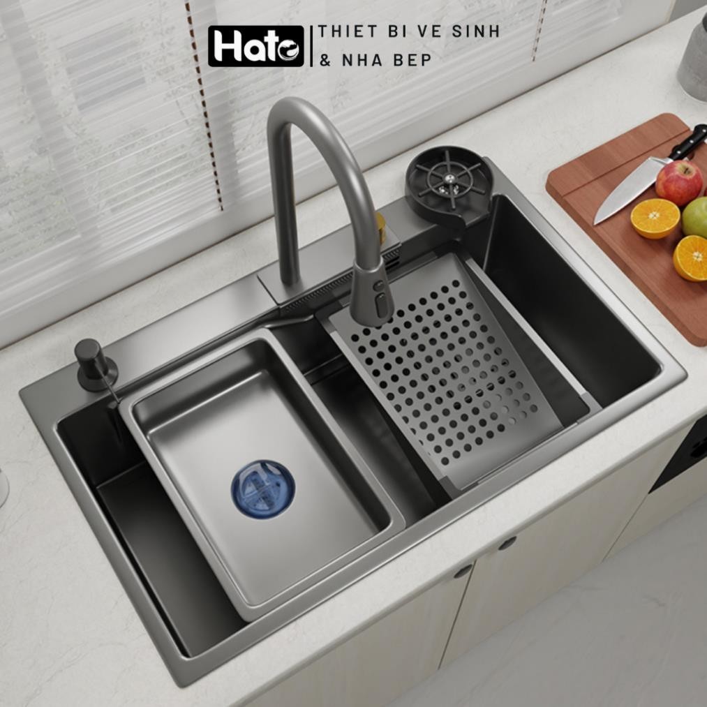 Chậu Rửa Bát 1 Hố Hato INOX SUS304 Cao Cấp Phủ Nano, Bồn Rửa Chén 1 Ngăn Lớn Kèm Vòi Thác Nước,Thớt, Khay Rửa, Xiphong