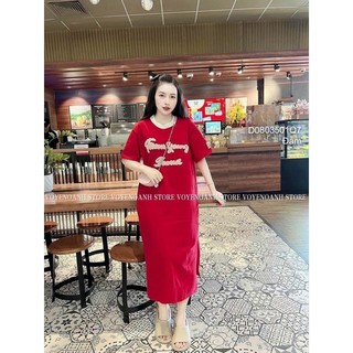 Đầm thun dáng suông xẻ tà ngực thêu chữ hàng QC | PINKSHOP 1990