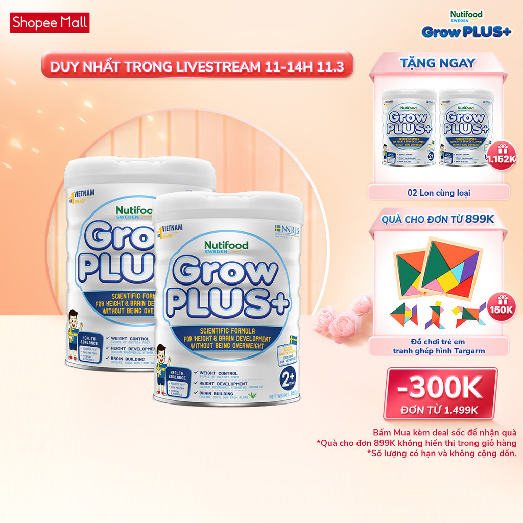 Combo 2 Sữa Bột Nutifood GrowPLUS+ Kiểm Soát Cân Nặng 850g 2 Lon x Lon 850g