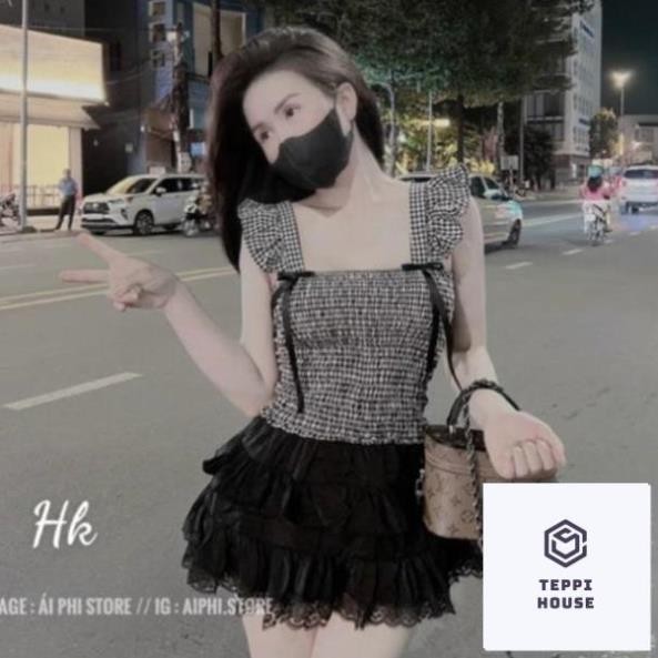 Sét đồ nữ đi chơi đẹp bộ mặc nhà xinh áo kẻ caro đen trắng kèm chân váy ngắn hàng loại 1 shpp HK Design