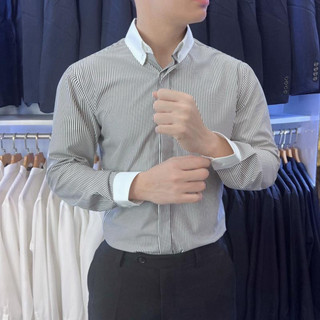 Áo sơmi Sọc Xanh Cổ Trắng phong thái korea Chông Nhăn