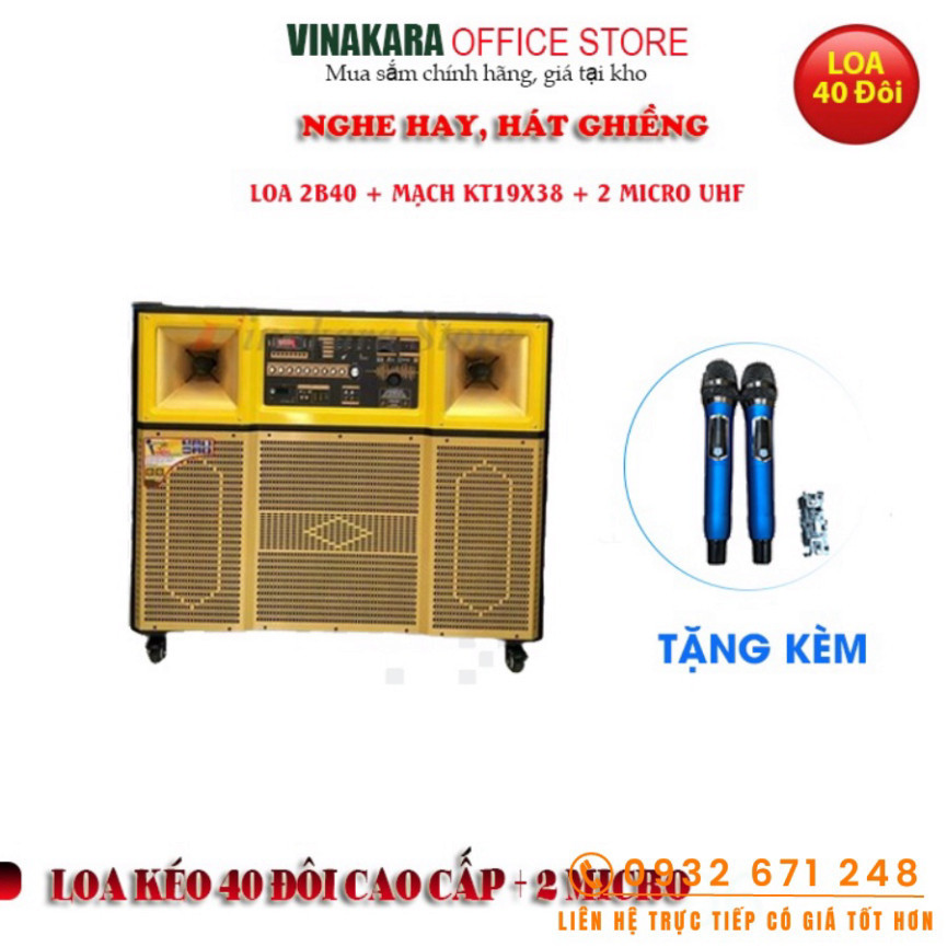 Loa kéo bass 40 đôi ADMAX T40 PRO, 2 bass 4 tấc mạch 19x38, 2 Micro UHF, bình điện xài 5-7h cao cấp