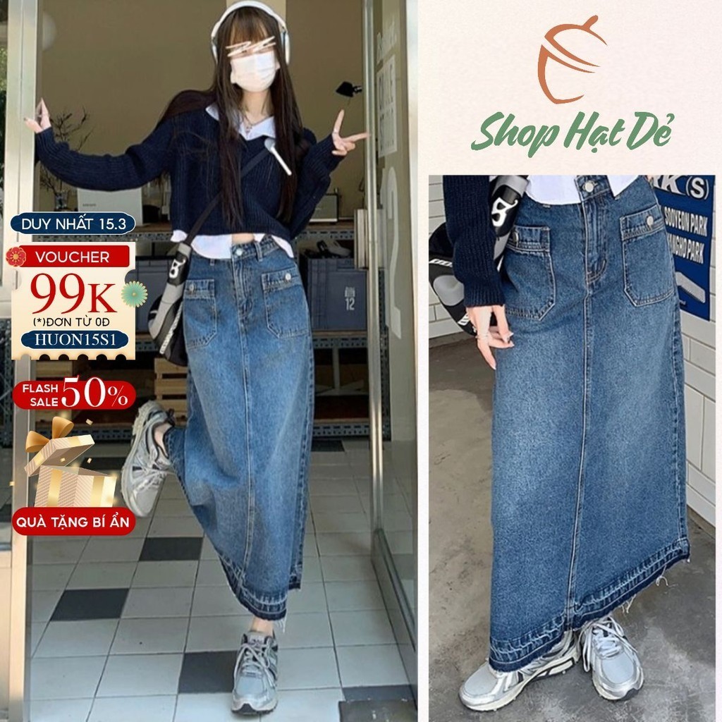 Chân váy jeans dài phong cách Hàn Quốc V3, chân váy dài tua gấu cạp cao Shop Hạt Dẻ