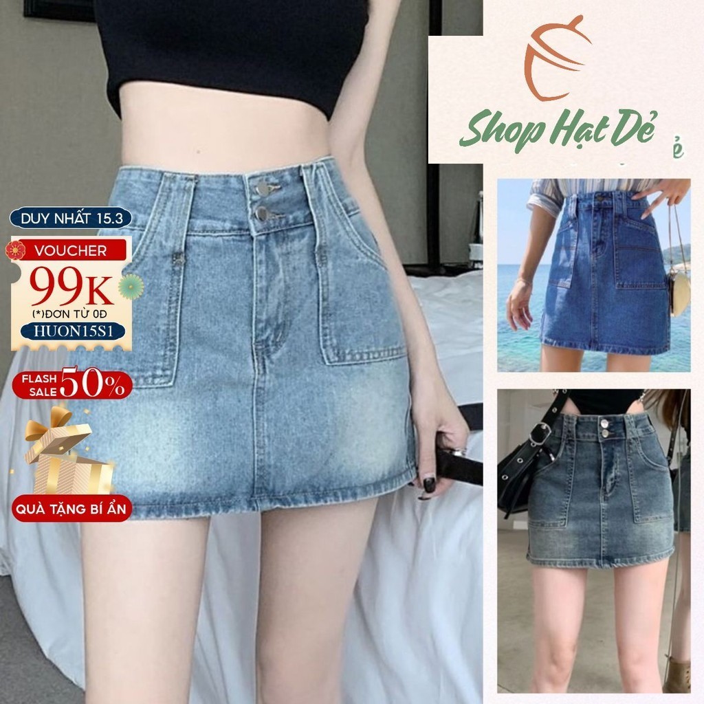 Chân váy jean chữ A dáng ngắn cạp cao có quần lót trong, chân váy bò ngắn 3 màu Shop Hạt Dẻ V1