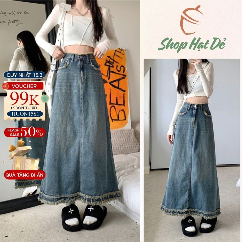 Chân váy jeans demin dài nữ, chân váy bò tua rua cạp cao tôn dáng Shop Hạt Dẻ H8