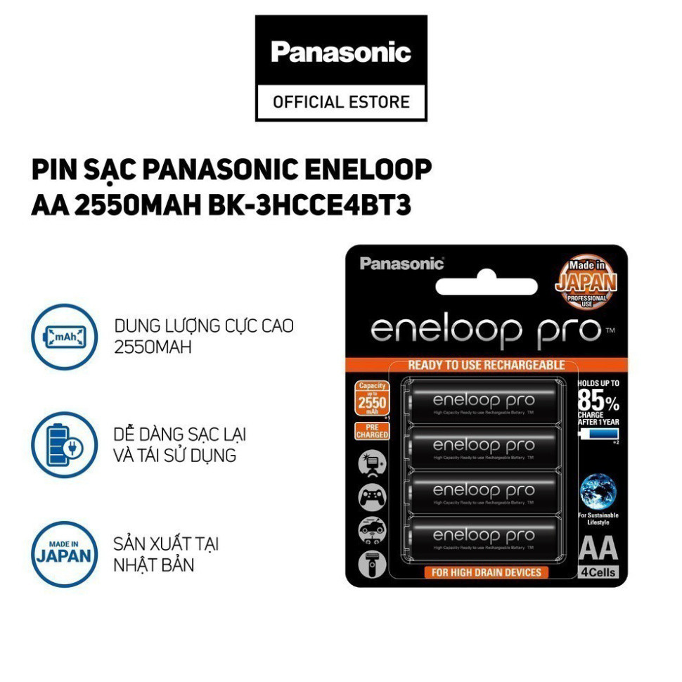 [ Pin sạc Panasonic Eneloop AA 2550mah BK-3HCCE4BT3 (Vỉ 4 viên) (Đen) )