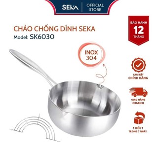 Chảo nguyên khối sâu lòng Seka, chảo inox nguyên khối, chảo đá tuyết cạn nông lòng, tặng kèm vỉ gác chảo róc dầu