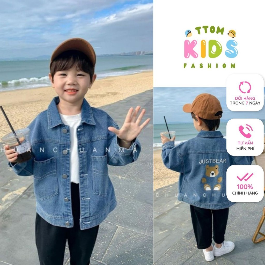 Áo khoác jeans cho bé in hình gấu dễ thương từ 10kg - 26kg, áo khoác bò xanh cho bé trai bé gái A04 Ttom.kids