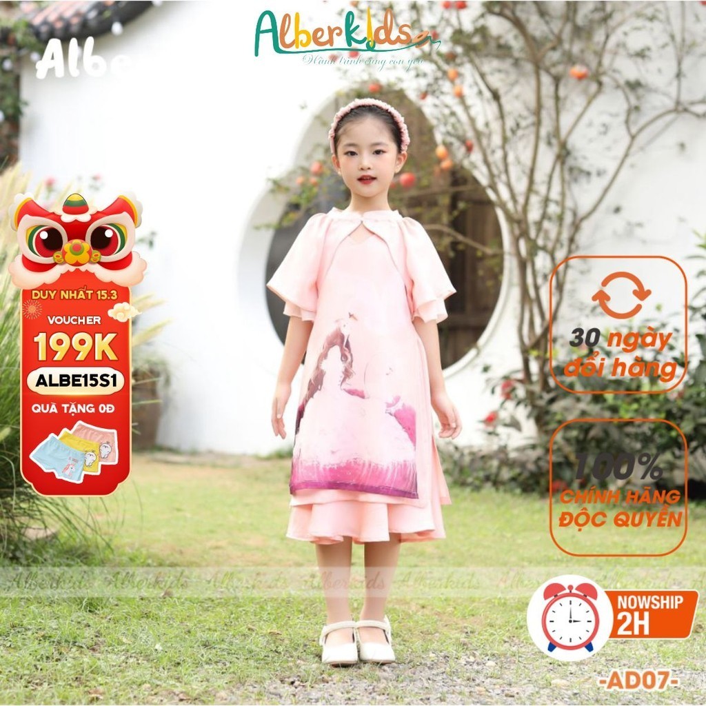 Áo dài bé gái ALBERKIDS in họa tiết cô gái cho trẻ em 3,4,5,6,7,8,9,10,11,12 tuổi AD07