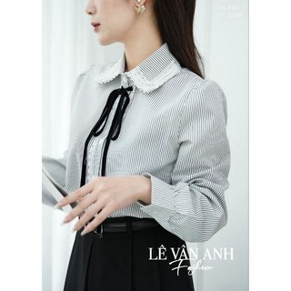 [A1931] ÁO SƠ MI KẺ VIỀN REN NƠ NHUNG No No Studio metwo.dearu - Áo sơ mi pha ren QC buộc nơ form rộng ulzzang Hàn Quốc