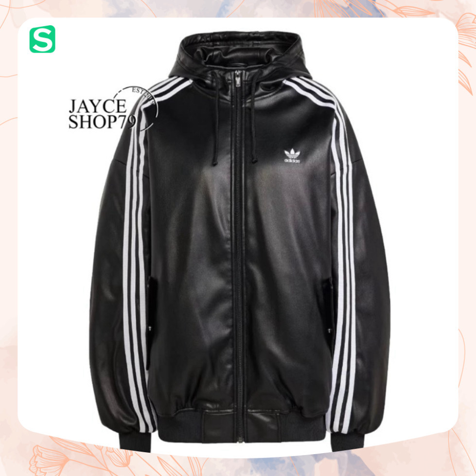 Xả Áo khoác Bomber Da Adidas Mũ Trùm Đầu 3 Sọc Tay Áo 2 Lớp Cao Cấp - Áo Khoác Bomber Nam Nữ Da Adidas 3 Sọc Trắng Hot T