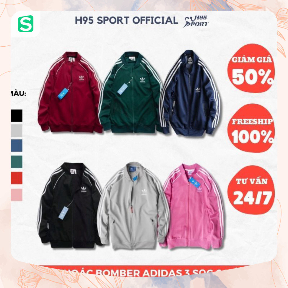 Xả Áo khoác Bomber, áo khoác thể thao nam nữ Adidas 3 sọc vải thun poly 2 da cao cấp logo thêu - H95 Sport Official - Su