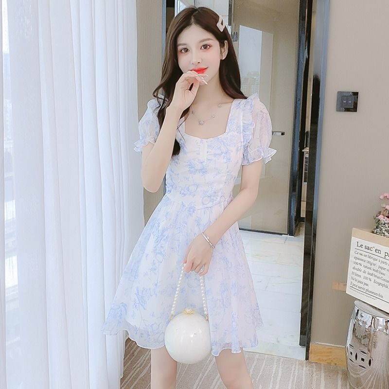 Đầm Nữ Xanh Hoa Thiết Kế Lưng Nơ 2024 Nhỏ Sang Trọng Eo Eo Ôm Hơn 3 * 13 / 24