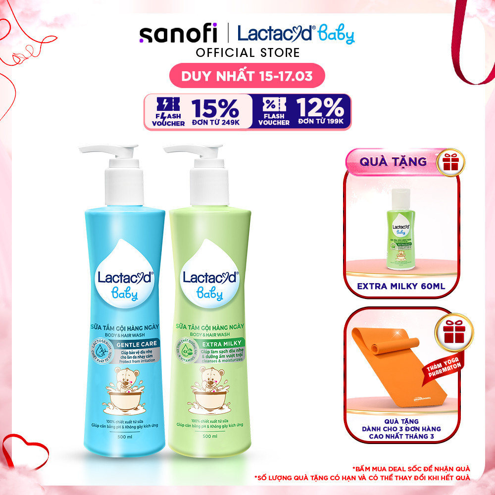 Bộ Sữa Tắm Gội Trẻ Em Lactacyd Baby Gentle Care 500ml + Lactacyd Baby Extra Milky 500ml
