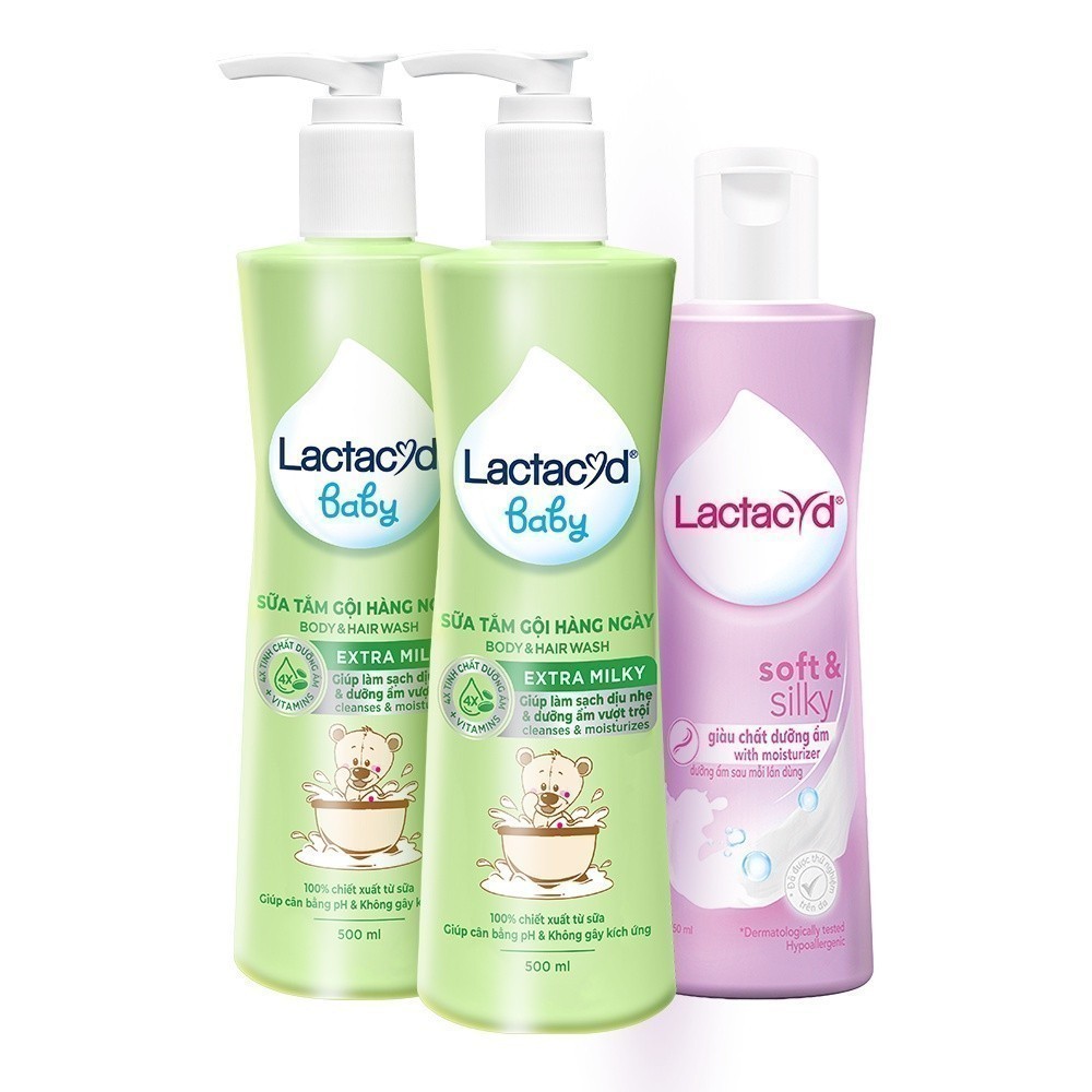 Bộ 2 chai Lactacyd Milky Bảo Vệ, Nuôi Dưỡng Da & Tóc Bé 500ml+ 1 Dung Dịch Vệ Sinh Soft & Silky Dưỡng Ẩm 250ml