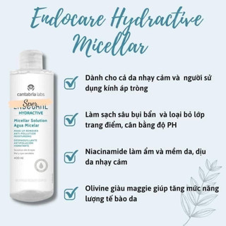Nước Tẩy Trang Endocare Hydractive Micellar Solution Agua Micelar 400ml Dịu Nhẹ Sạch Da, làm sạch sâu, không gây mụn
