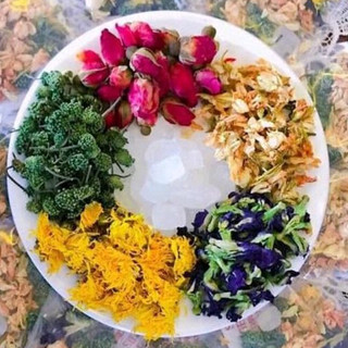 Trà Ngũ Hoa Thanh Nhiêt & giải độc( đậu biếc,cúc vàng,hoa hồng,  hoa nhài, đường phèn hoặc cỏ ngọt)
