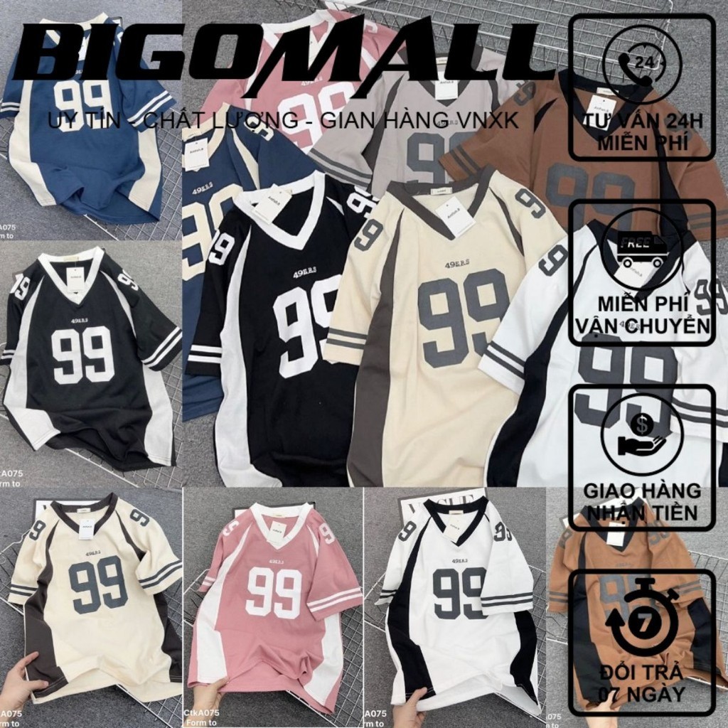 Áo thun tay lỡ form rộng cổ V phong cách bóng chày 2024 BIGOMALL - Áo phông nam nữ in số 99 chất liệu cotton tháng mát