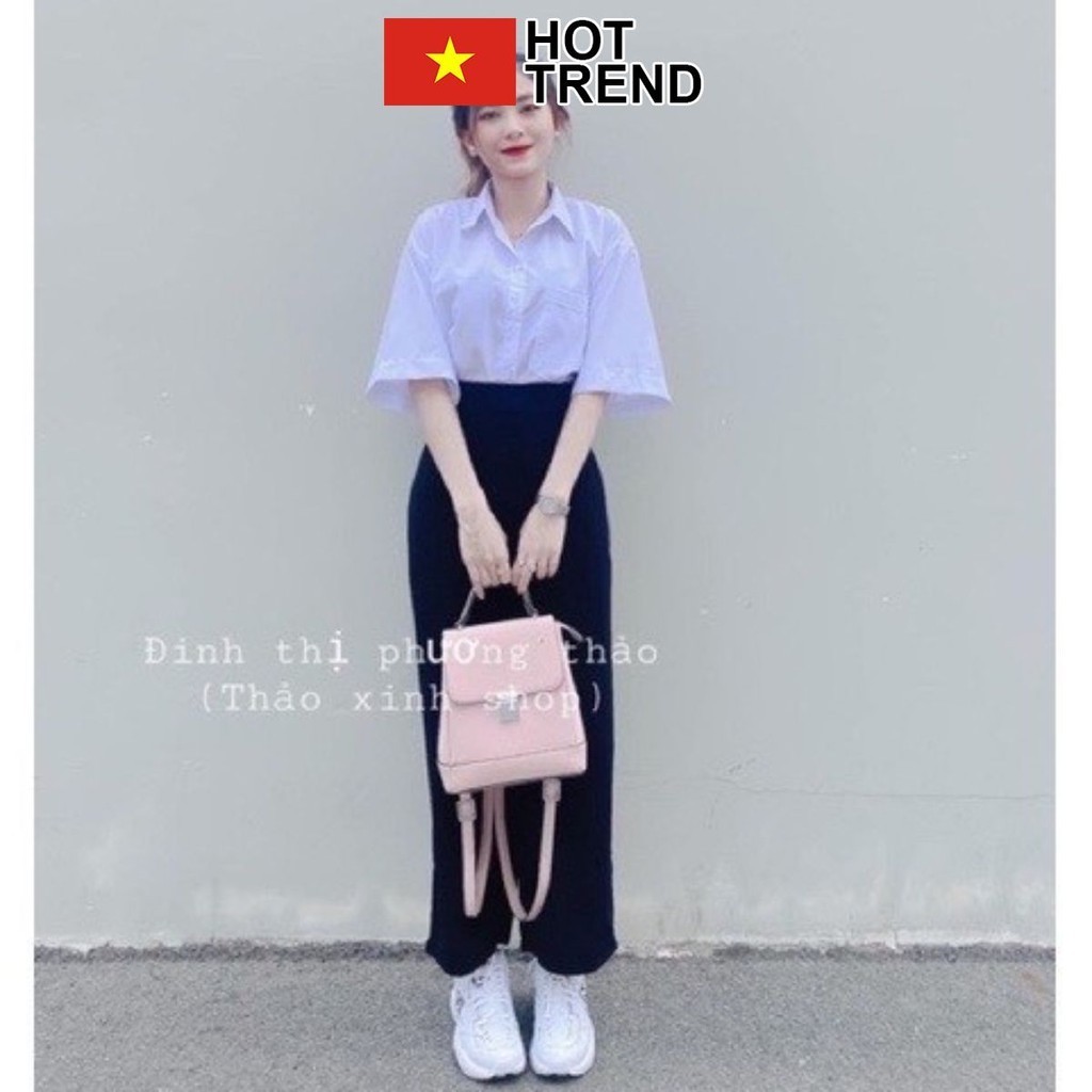Sét áo sơ mi trắng cộc tay kèm quần ống rộng dáng dài HOTTREND