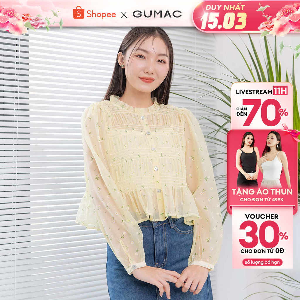 Áo kiểu nữ hoa nhí dễ thương cổ phối bèo YA44