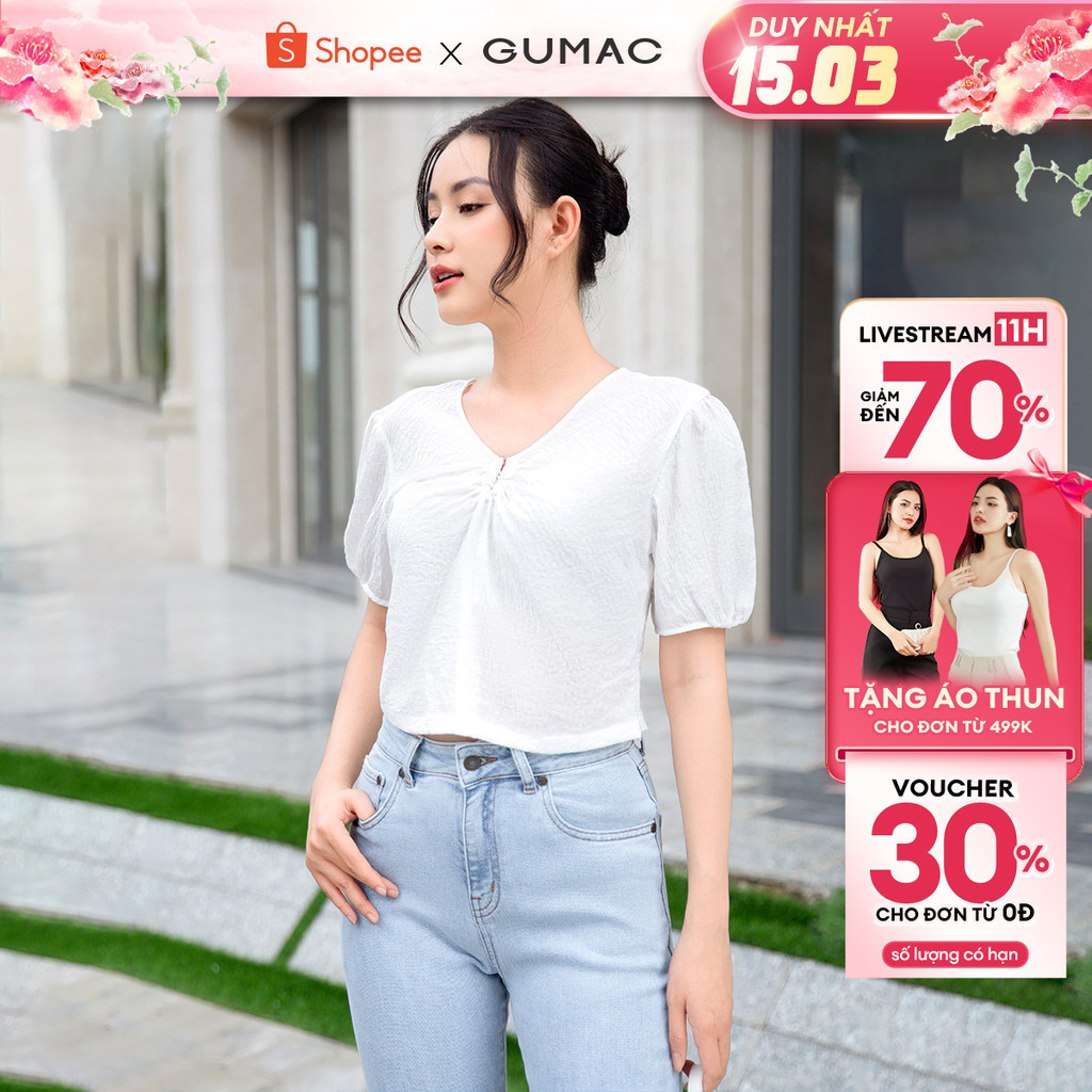 Áo kiểu nữ tay phồng GUMAC AD09022 dáng lửng có phối khoen