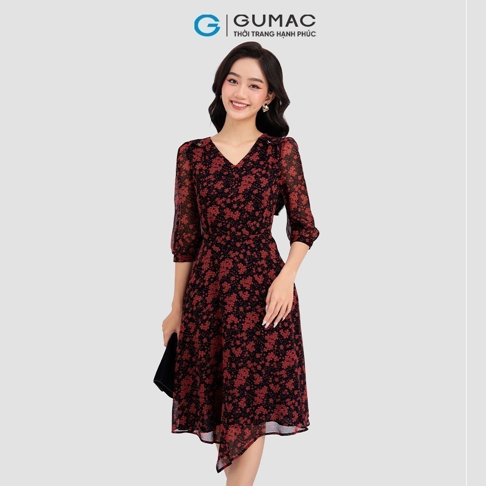 Đầm hoa dáng xòe phối vai nhún sang trọng GUMAC DD03067