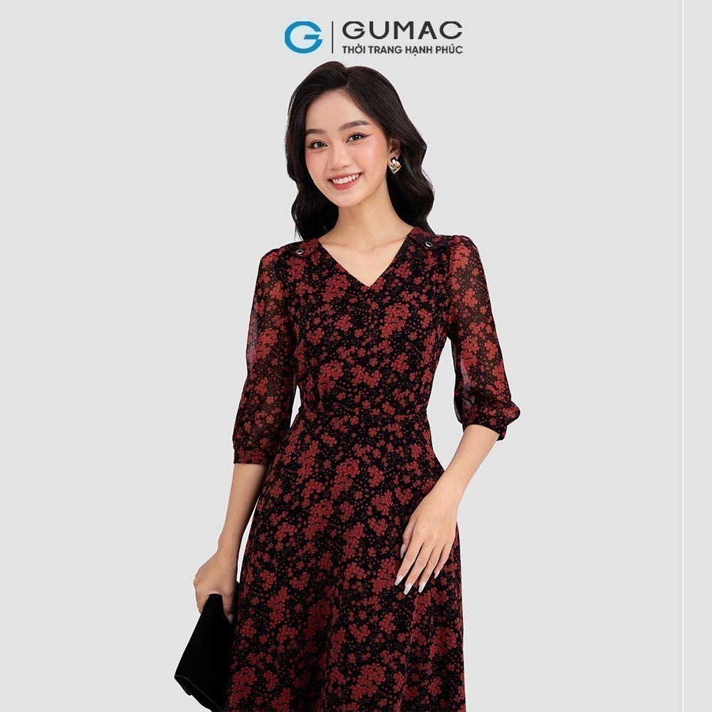 Đầm hoa dáng xòe phối vai nhún sang trọng GUMAC DD03067