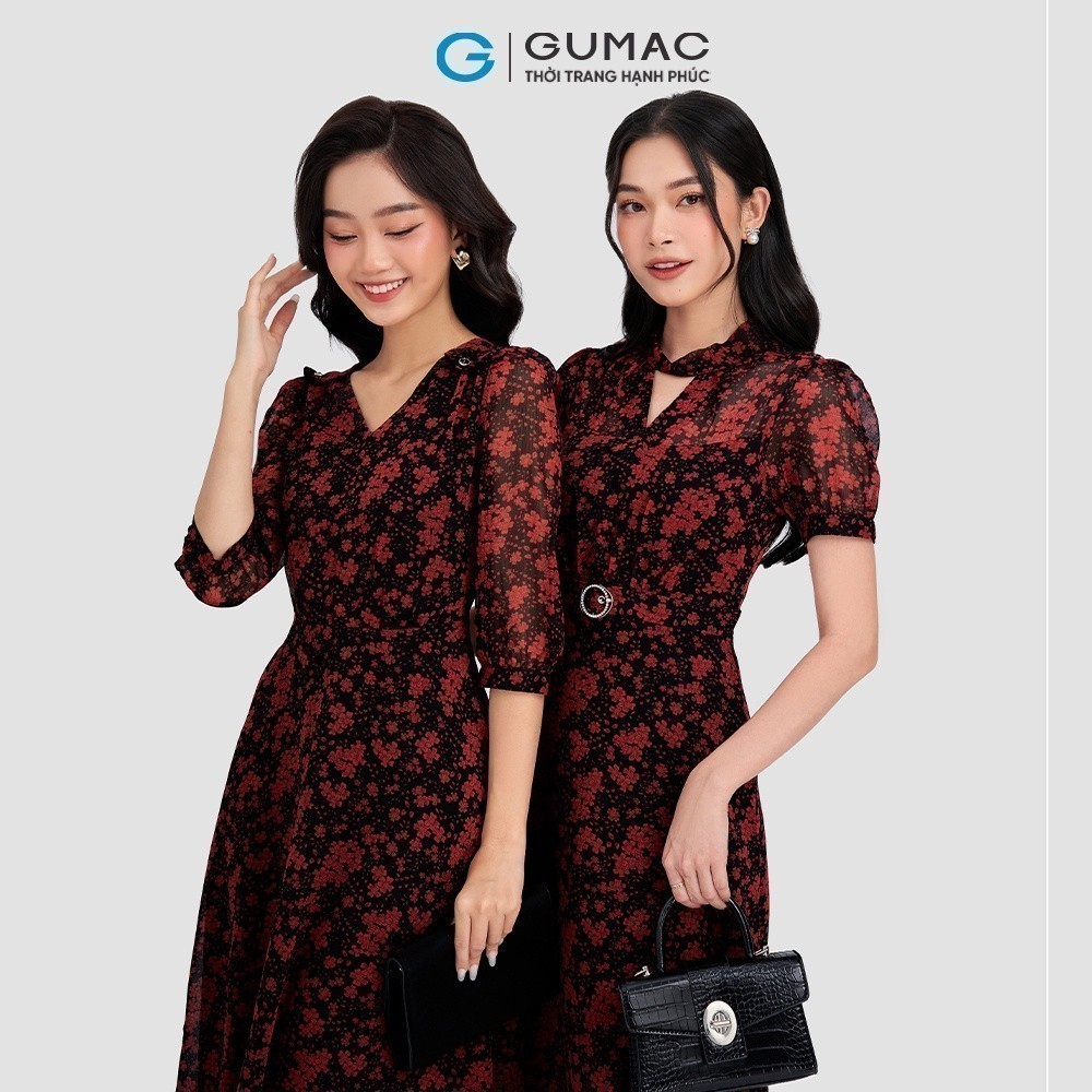 Đầm hoa dáng xòe phối vai nhún sang trọng GUMAC DD03067