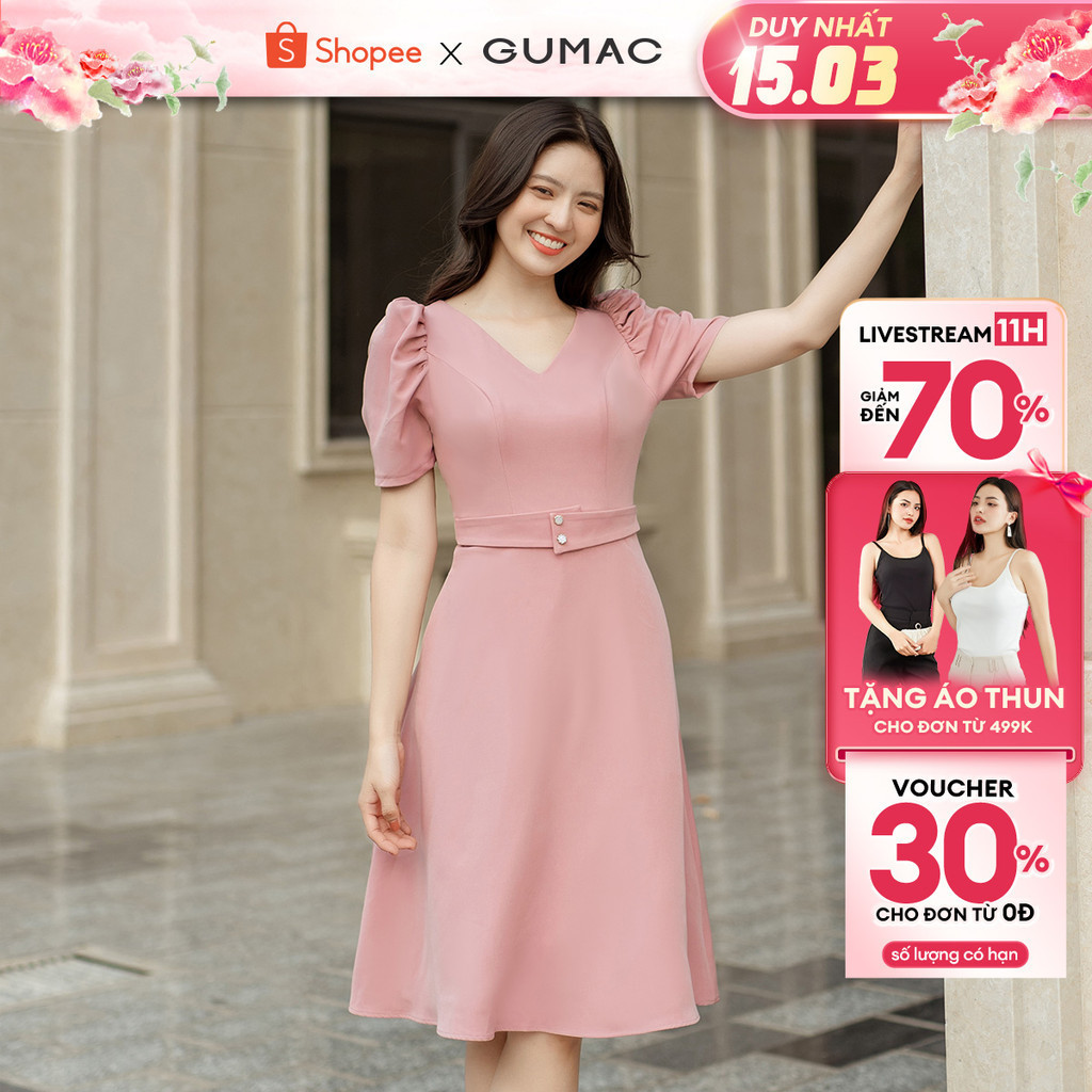 Đầm nữ form A xòe phối tay nhún GUMAC DD05021