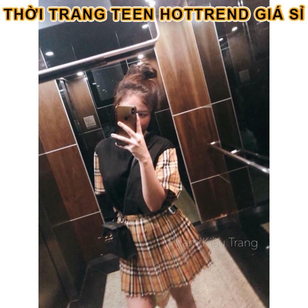 Sét áo phông nữ tay kẻ +chân váy kẻ dáng chứ A siêu xinhAC
