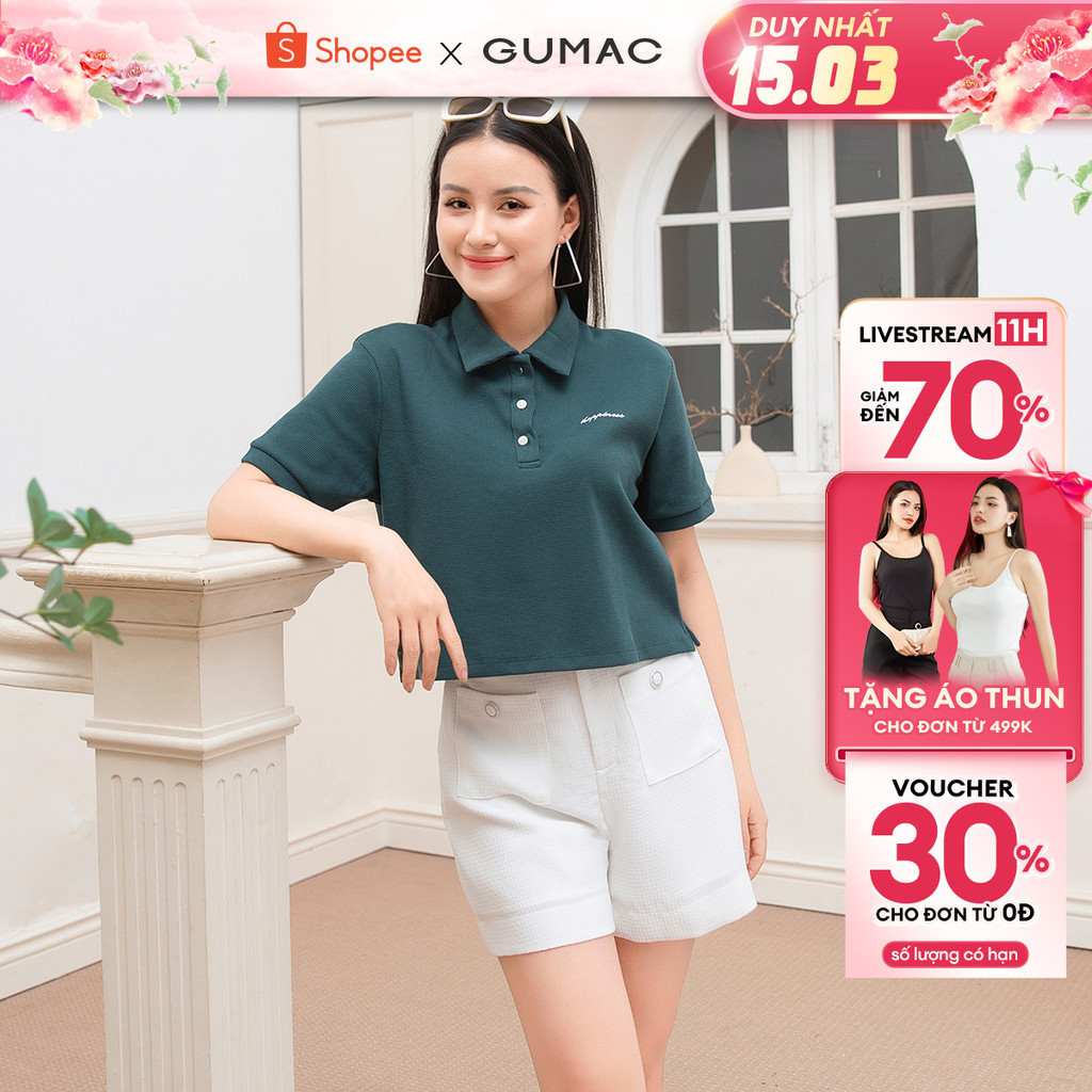 Áo thun polo croptop nữ GUMAC ATD10019 tay ngắn có thêu chữ