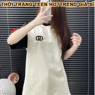 Áo thun G G tay phối raplang đen trắng dây dệt xanh đỏ logo ngực-thêu vải cotton logo đẹp tay lỡ unisex form rộng basic
