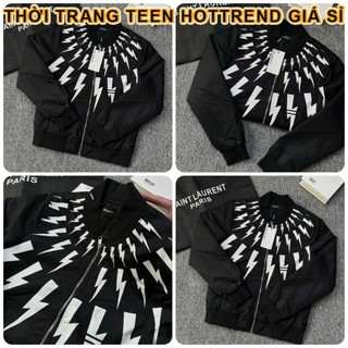 Áo bomber nam nữ hoạ tiết tia sét trắng in cổ hottrend 2023