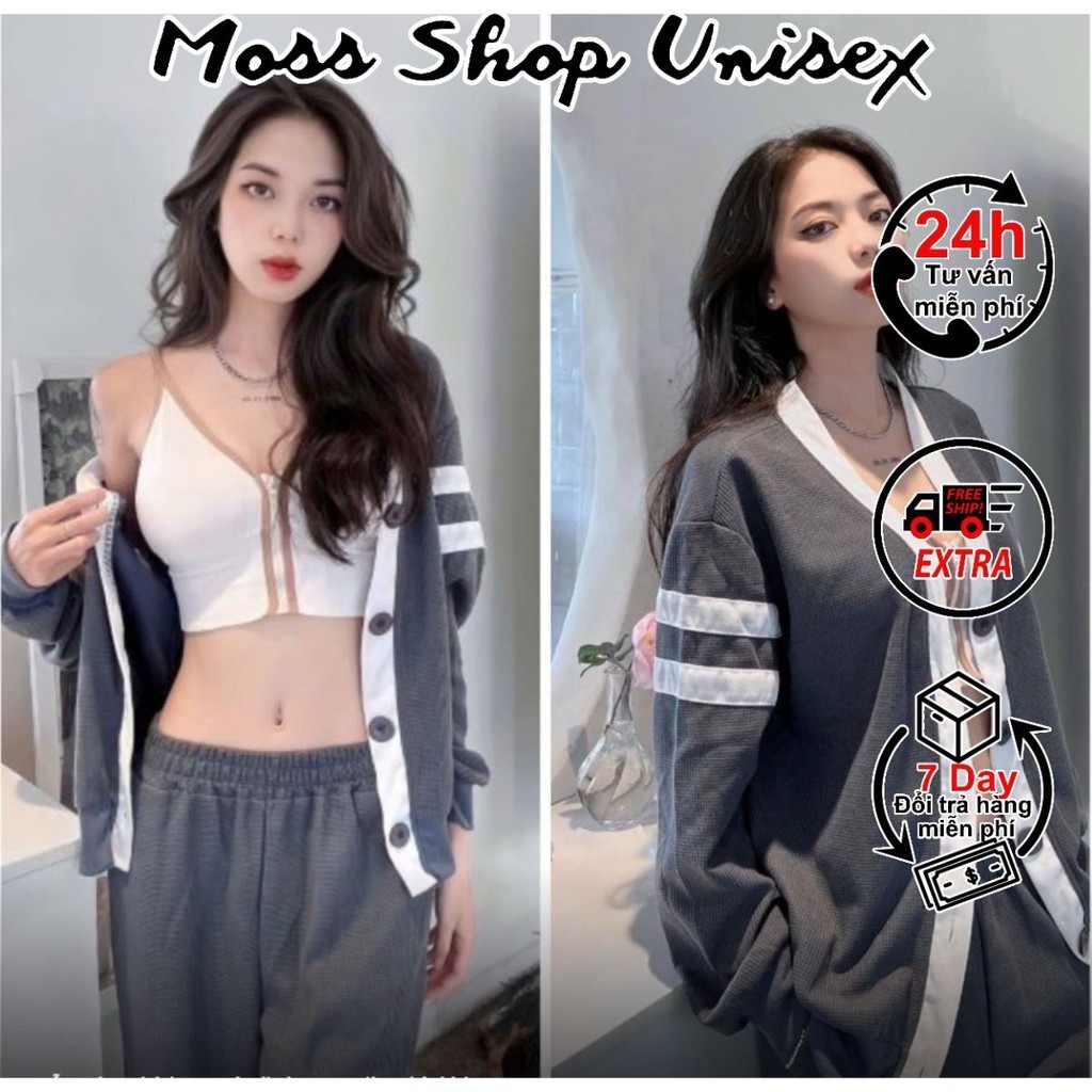 Áo cadigan hai mà xám đen hoạ tiết đơn giản viền trắng phồi 2 sọc tay MOSSSHOPUNISEX