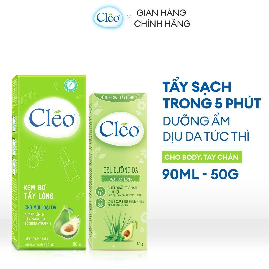 Bộ đôi Lotion Kem Tẩy Lông Cléo dạng sữa Avocado 90ml + Gel Dưỡng Da Sau Tẩy Lông Cleo 50g tẩy lông tay chân bụng