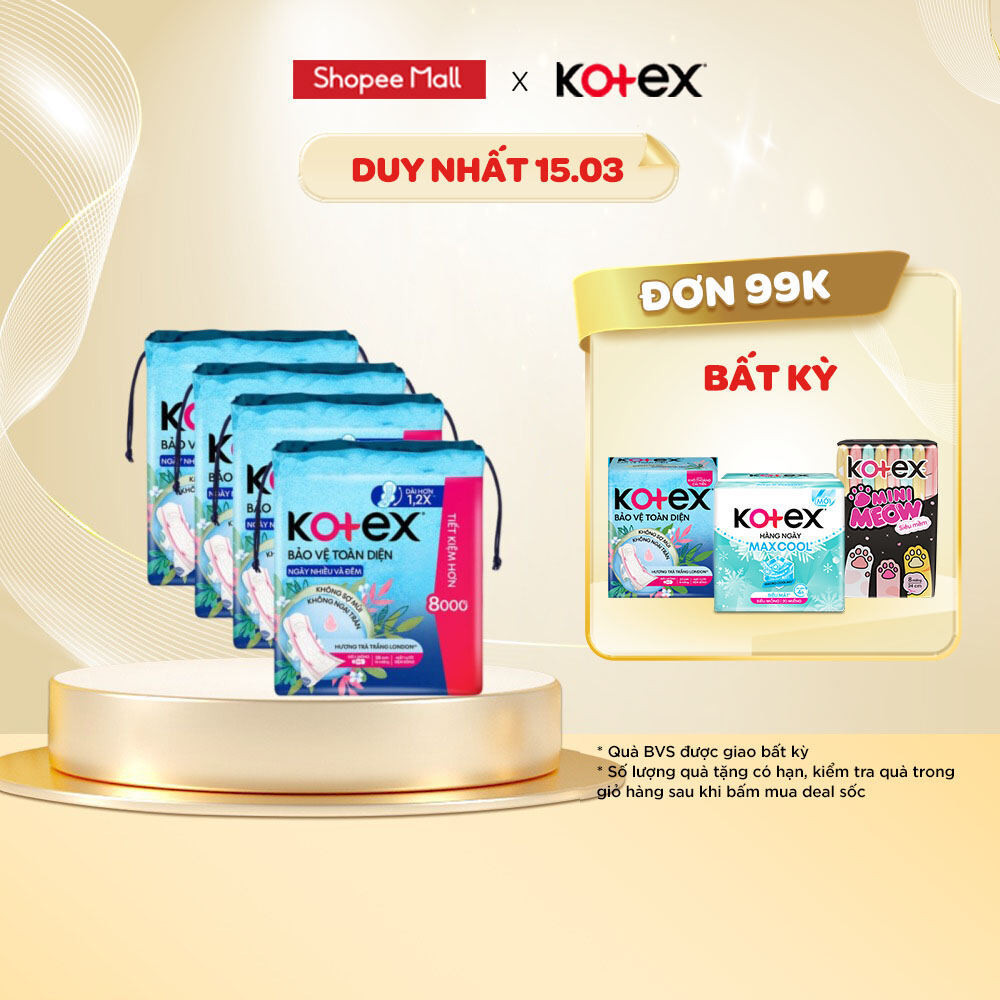 Lốc 4 Gói băng vệ sinh Kotex Bảo Vệ Toàn Diện Ngày Nhiều và Đêm 28cm Siêu Mỏng Cánh 14 miếng/ gói