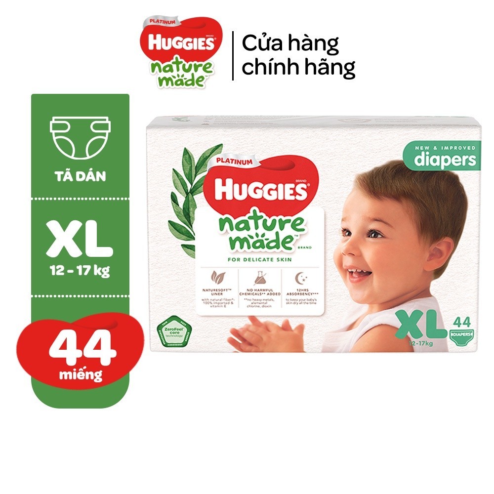 Tã/Bỉm dán Huggies Platinum NatureMade XL44 (12-17kg)-Gói Jumbo 44 miếng