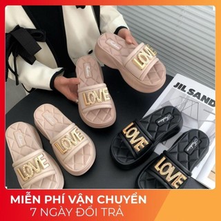 Dép quai ngang nữ, dép lê bánh mì LOVE đính đá độn đế cao 5cm, dép đi chơi