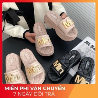 Dép quai ngang nữ, dép lê bánh mì MIN đính đá độn đế cao 5cm, dép đi chơi