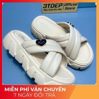 Dép quai ngang nữ, dép lê cao su đúc nguyên khối chéo MIN độn đế 4cm