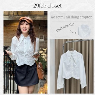 Áo sơ mi nữ croptop cổ bẻ vạt nhọn cách điệu dài tay