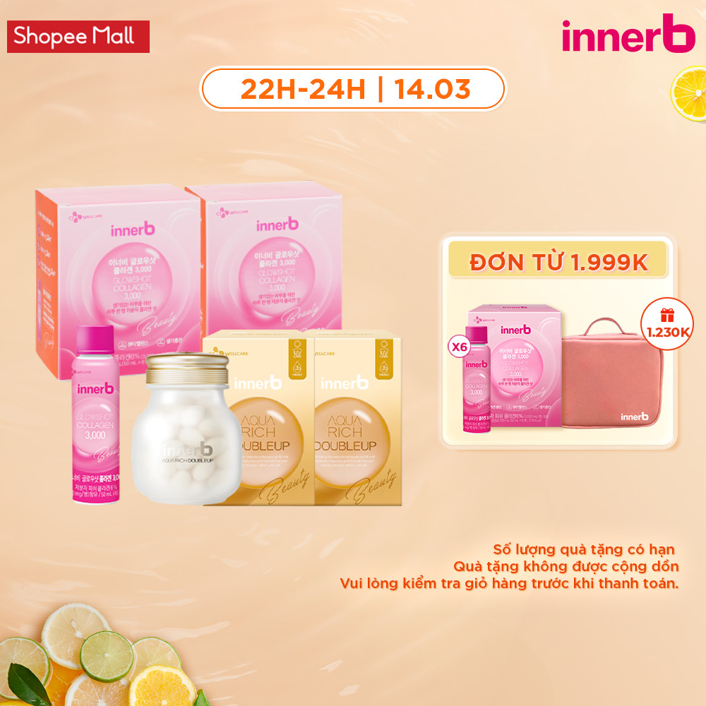 Combo 02 Hộp 6 chai nước uống Collagen Vitamin C sáng da InnerB Glowshot và 02 Thực phẩm bảo vệ sức khỏe INNERB AQUA