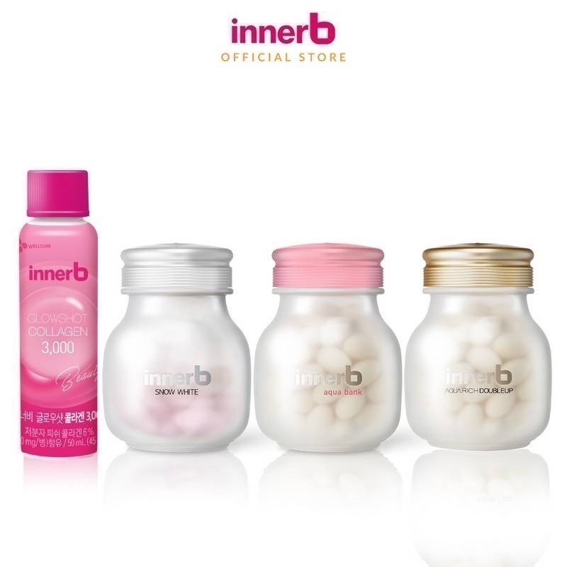 Combo InnerB Aqua Rich Doubleup, InnerB Snow White, InnerB Aqua Bank và Nước uống Collagen InnerB Glowshot