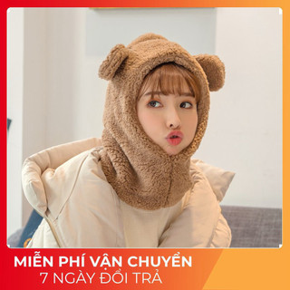 Mũ len lông cừu liền khăn cổ tai gấu dễ thương ấm áp mùa đông thích hợp cho bạn gái