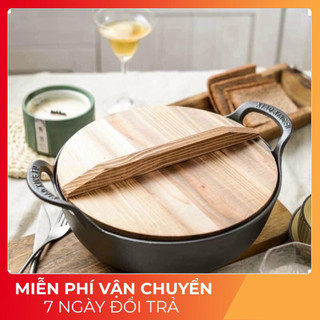 Chảo gang sâu lòng kèm nắp gỗ size 20-25cm siêu dày dặn