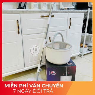 Bộ lau nhà thông minh K9 thùng vắt xoay tròn nhựa PP, Cán inox dài 134cm, miếng lau 25cm Microfiber